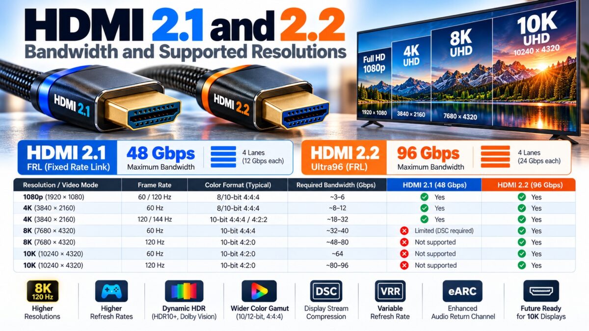 HDMI 2.1 and 2.2 bandwidth resolution