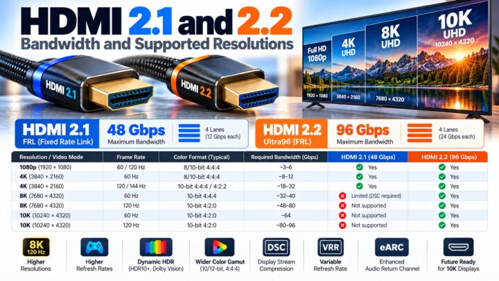 HDMI 2.1 and 2.2 bandwidth resolution
